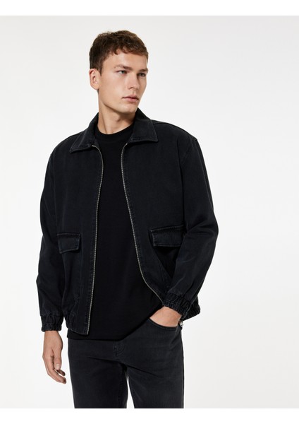 Kapaklı Cepli Regular Fit Pamuklu Gömlek Yaka Fermuarlı Bomber Jean Ceket