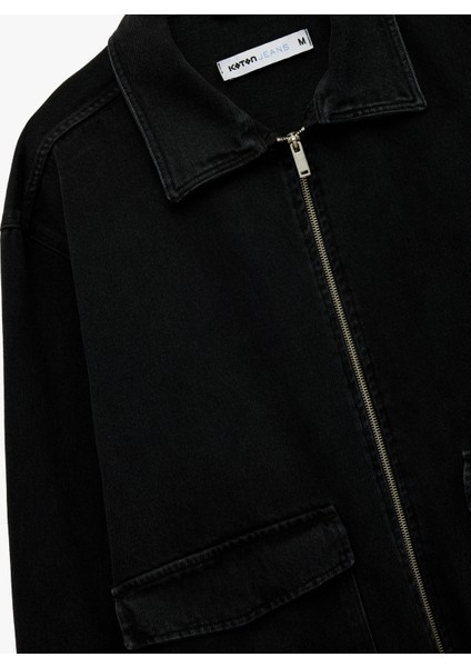 Kapaklı Cepli Regular Fit Pamuklu Gömlek Yaka Fermuarlı Bomber Jean Ceket