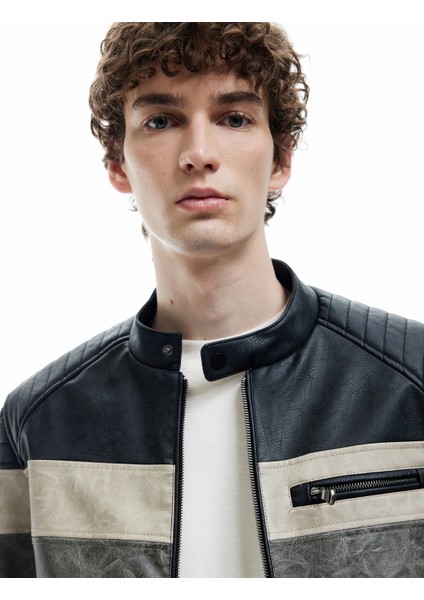 Fermuar Detaylı Cepli Hakim Yaka Uzun Kollu Deri Ceket