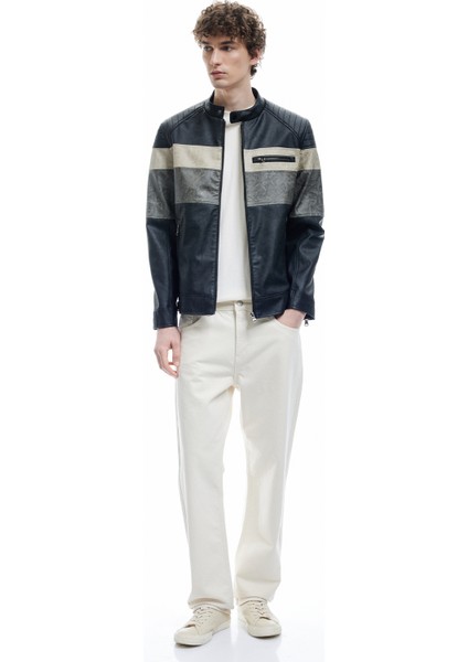 Fermuar Detaylı Cepli Hakim Yaka Uzun Kollu Deri Ceket fiyatları