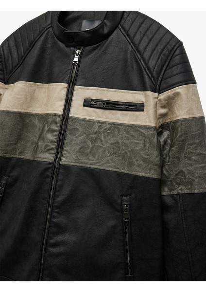 Fermuar Detaylı Cepli Hakim Yaka Uzun Kollu Deri Ceket