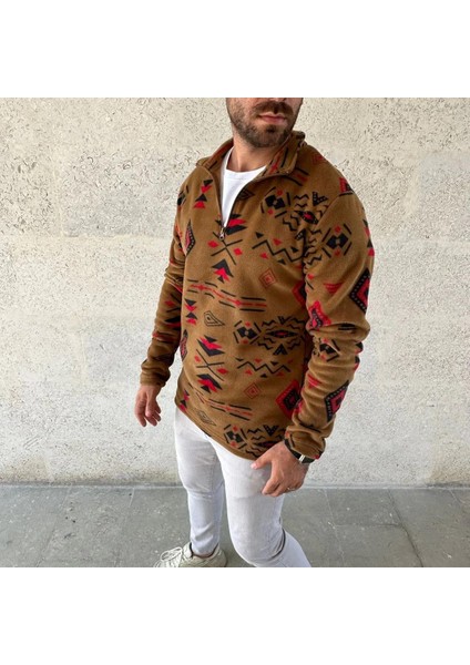 Erkek Yarım Fermuarlı Desenli Polar Sweat Tribal Etnik Desen Yakalı, Uzun Kollu, Oversize Rahat Kalıp, - Kahverengi fırsatları
