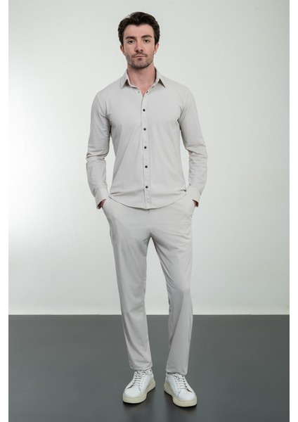 Düz Bej Slim Fit Çıtçıtlı Erkek Gömlek Pantolon Takım