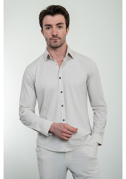 Düz Bej Slim Fit Çıtçıtlı Erkek Gömlek Pantolon Takım modelleri