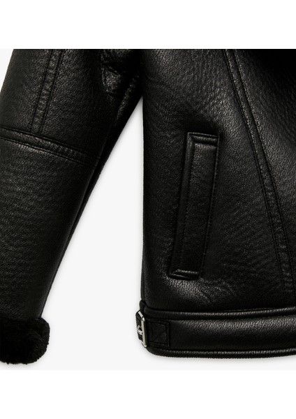 Kruvaze Yaka Uzun Kollu Suni Deri Ceket