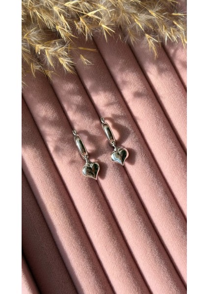 Beyaz Altın Kaplama Rodajı Bombeli Balon Kalpli Halka Küpe 925 Ayar Gümüş