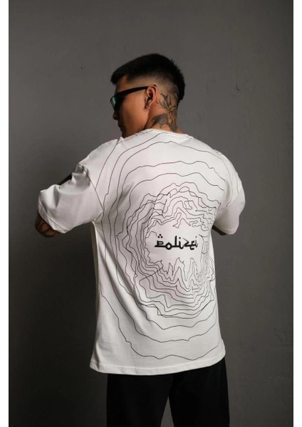 Erkek Bisiklet Yakalı Sırt Baskılı Oversize T-Shirt - Beyaz