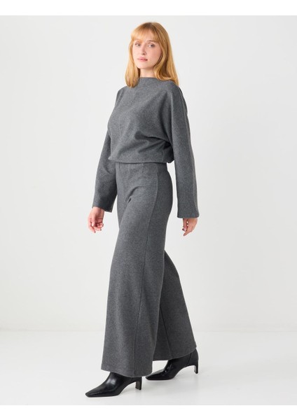 Antrasit Melanj Rahat Kesim Yumuşak Dokulu Bol Paça Örme Pantolon modelleri