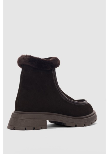 Corine Hakiki Deri Kürk Detaylı Yandan Fermuarlı Kadın Bot- Kahve Süet