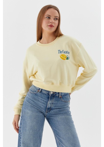 Baskılı Crop Sweatshirt Sarı