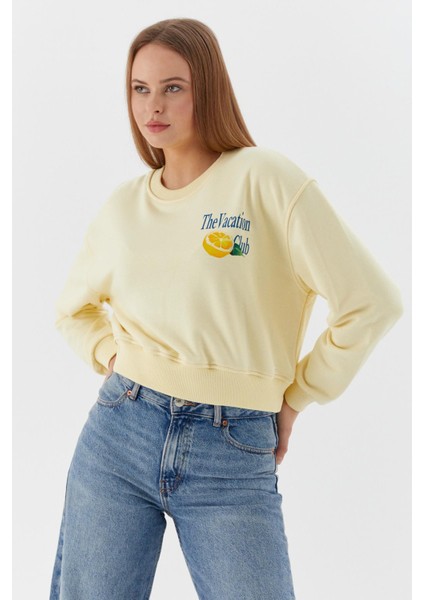 Baskılı Crop Sweatshirt Sarı modelleri