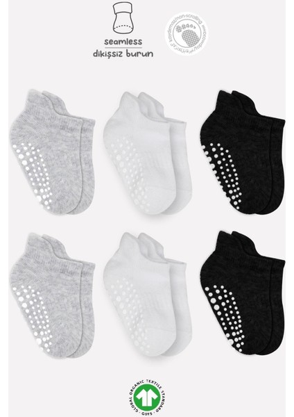 6lı Sneakers Kaymaz Penye Çorap 20102 Gri Beyaz Siyah