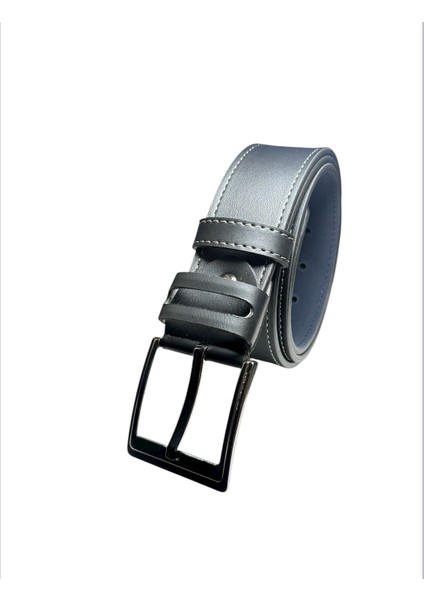 Siyah 4,5cm Gri Dikişli Modelli Köprülü Birinci Sınıf Suni Deri Kot Kemer