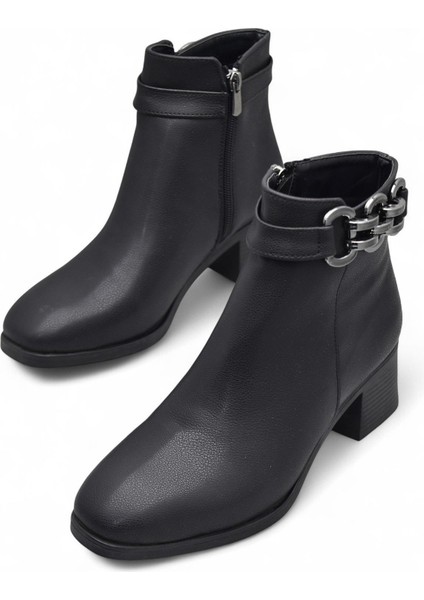 6597 Günlük Fermuarlı Kadın Topuklu Bot Ayakkabı Siyah Klasik Kısa Topuklu Bot fiyatları