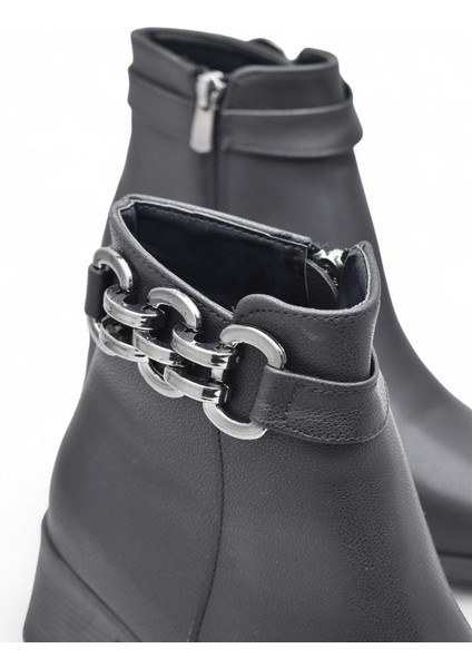 6597 Günlük Fermuarlı Kadın Topuklu Bot Ayakkabı Siyah Klasik Kısa Topuklu Bot indirimleri