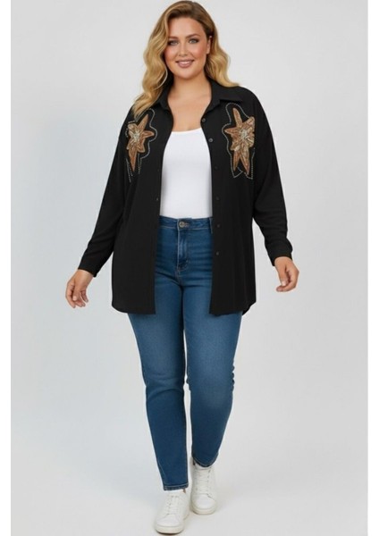 Kadın Büyük Beden Pul Payet Işlemeli Uzun Kollu Gömlek 1985-26