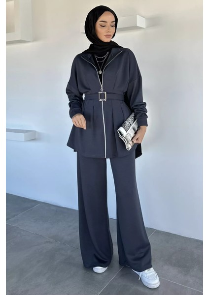 Ön Fermuarlı Pileli Tunik Bel Lastikli Pantolon Tesettür Ikili Takım P-00018989