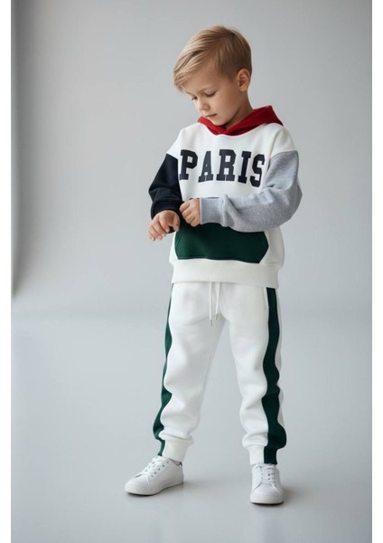 Paris Baskılı Kapüşonlu Kışlık Erkek çocuk takım - Ekru