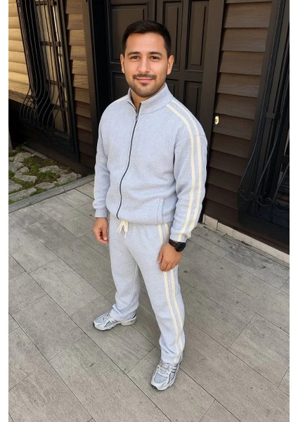 Erkek Çift Şeritli Eşofman Takım Dik Yaka Fermuarlı Sweatshirt Boru Paça Alt, Oversize 3 Iplik Pamuklu - Gri