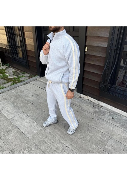 Erkek Çift Şeritli Eşofman Takım Dik Yaka Fermuarlı Sweatshirt Boru Paça Alt, Oversize 3 Iplik Pamuklu - Gri fiyatları
