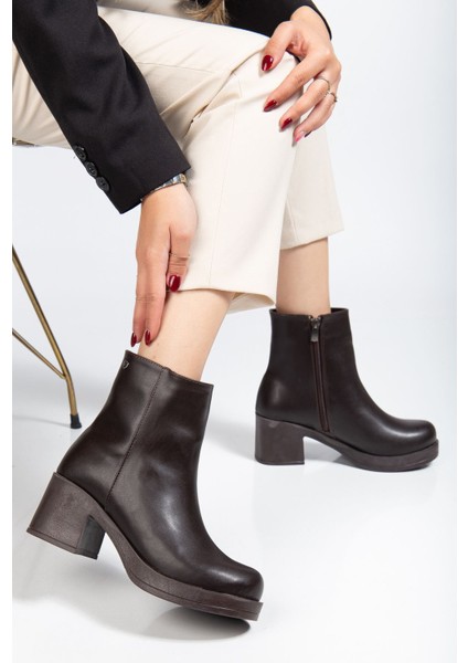5109-3022 Kahve Fermuarlı Kalın Topuklu Günlük Kadın Bot fiyatları