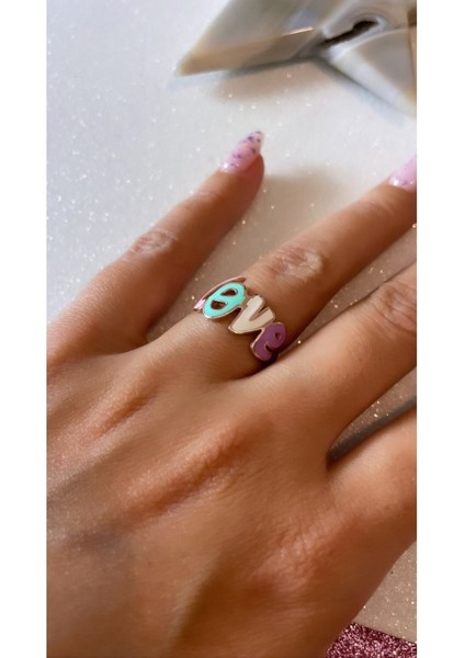 Rose Kaplama Renkli Mineli Love 925 Ayar Gümüş Yüzük