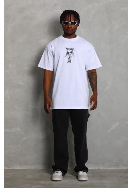 Unisex Oversize Baskılı Bisiklet Yaka T-Shirt - Beyaz modelleri