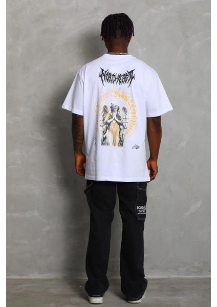 Unisex Oversize Baskılı Bisiklet Yaka T-Shirt - Beyaz fırsatları