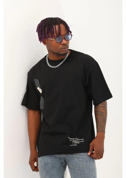 Unisex Oversize Baskılı Bisiklet Yaka T-Shirt - Siyah fiyatları