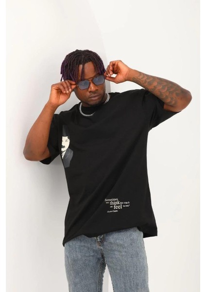 Unisex Oversize Baskılı Bisiklet Yaka T-Shirt - Siyah modelleri