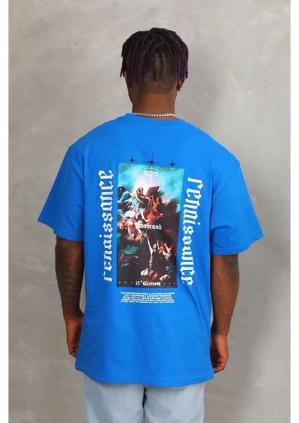 Unisex Oversize Baskılı Bisiklet Yaka T-Shirt - Mavi indirimleri