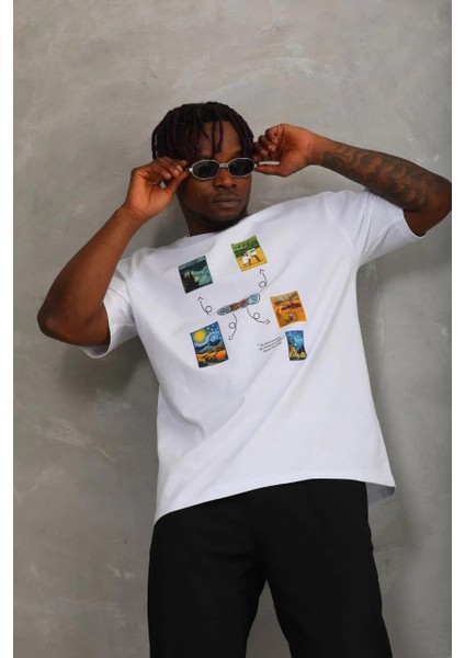 Unisex Oversize Baskılı Bisiklet Yaka T-Shirt - Beyaz fiyatları