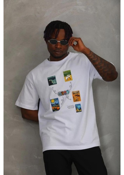 Unisex Oversize Baskılı Bisiklet Yaka T-Shirt - Beyaz modelleri