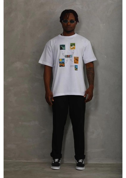 Unisex Oversize Baskılı Bisiklet Yaka T-Shirt - Beyaz fırsatları