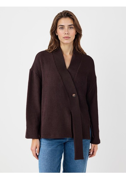 Acı Kahve V Yaka Uzun Kollu Düğme Detaylı Örme Hırka