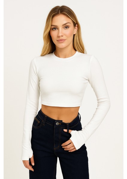 Kadın Buzy Kumaş Parmak Geçmeli Ekru Crop Body| Uzun Kollu – Likralı