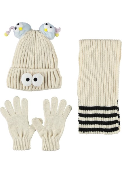 Çocuk Kız Atkı Bere Eldiven Takım (4-8 Yaş) K24170-09 Beyaz