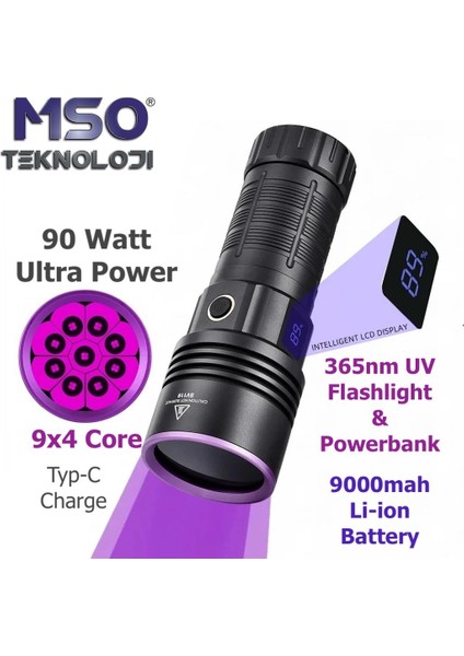 Profesyonel 90WATT Uv 365NM Değerli Taş Tespit Powerbank & LED Fener