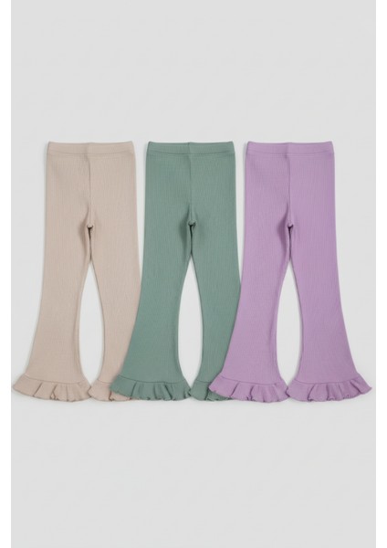 Kız Çocuk Pamuklu Ribana Fırfırlı Paça Tayt – 3'lü Renkli Set