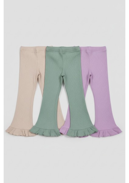 Kız Çocuk Pamuklu Ribana Fırfırlı Paça Tayt – 3'lü Renkli Set fiyatları