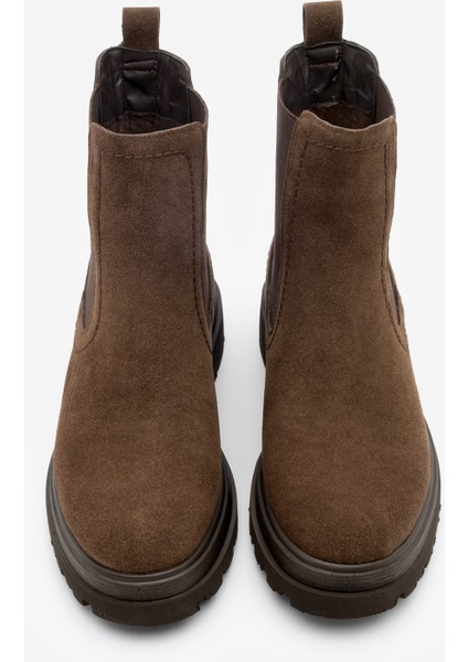 Kadın Lastikli Fermuar Aksesuarlı Tırtıklı Kalın Taban Günlük Bot Rupit Kahve Süet