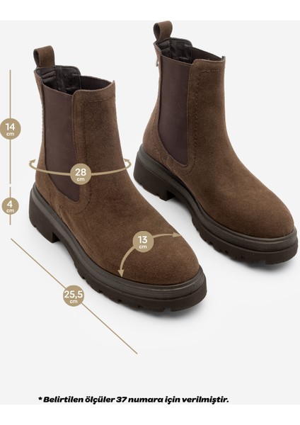 Kadın Lastikli Fermuar Aksesuarlı Tırtıklı Kalın Taban Günlük Bot Rupit Kahve Süet