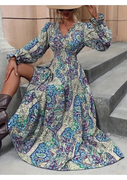 Kadın Uzun Kollu Kruvaze Yakalı Desenli Süprem Maxi Elbise fiyatları