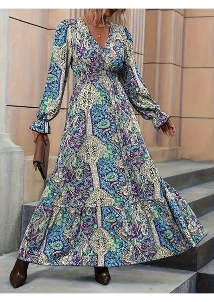 Kadın Uzun Kollu Kruvaze Yakalı Desenli Süprem Maxi Elbise fırsatları