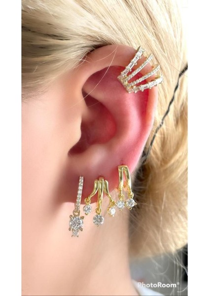 Ithal Yüksek Kalite Altın Kaplama 4 Katlı Taşlı Kıkırdak Küpe