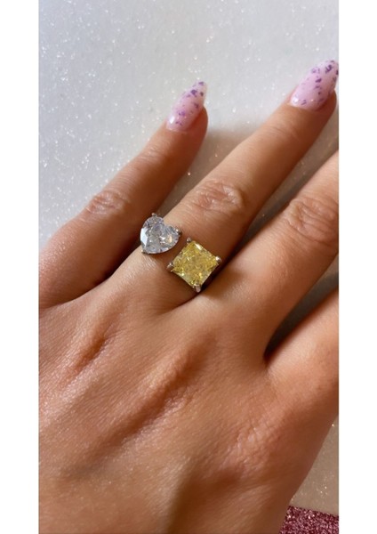 Ayarlanabilir Form Beyaz Kalp Sarı Kare Taşlı Yüzük 925 Ayar Gümüş