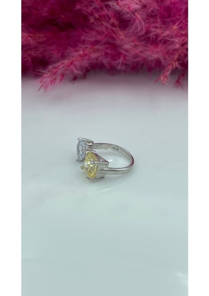 Ayarlanabilir Form Beyaz Kalp Sarı Kare Taşlı Yüzük 925 Ayar Gümüş modelleri