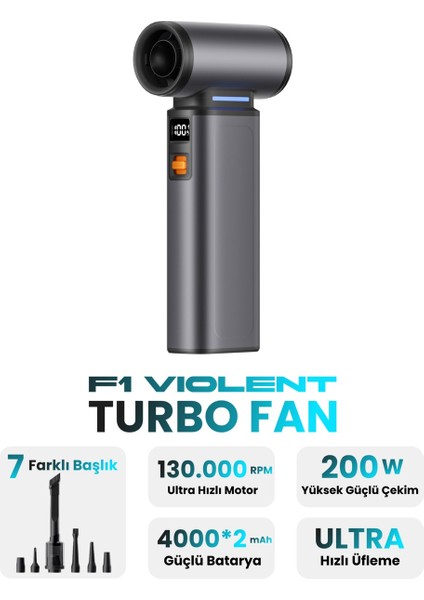 F1 Violent Turbo Jet Fan 130000RPM Ultra Güçlü Motor Güçlü Vakum 4000MAH Bataryalı Üflemeli