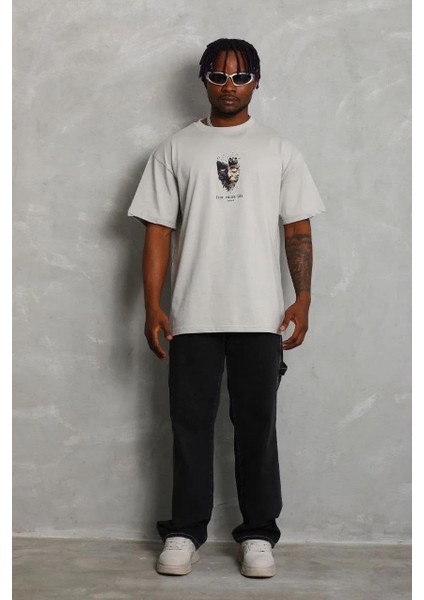 Unisex Oversize Baskılı Bisiklet Yaka T-Shirt - Gri modelleri