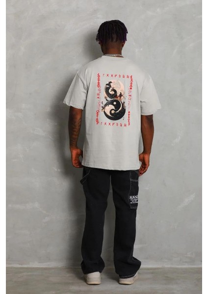 Unisex Oversize Baskılı Bisiklet Yaka T-Shirt - Gri fırsatları